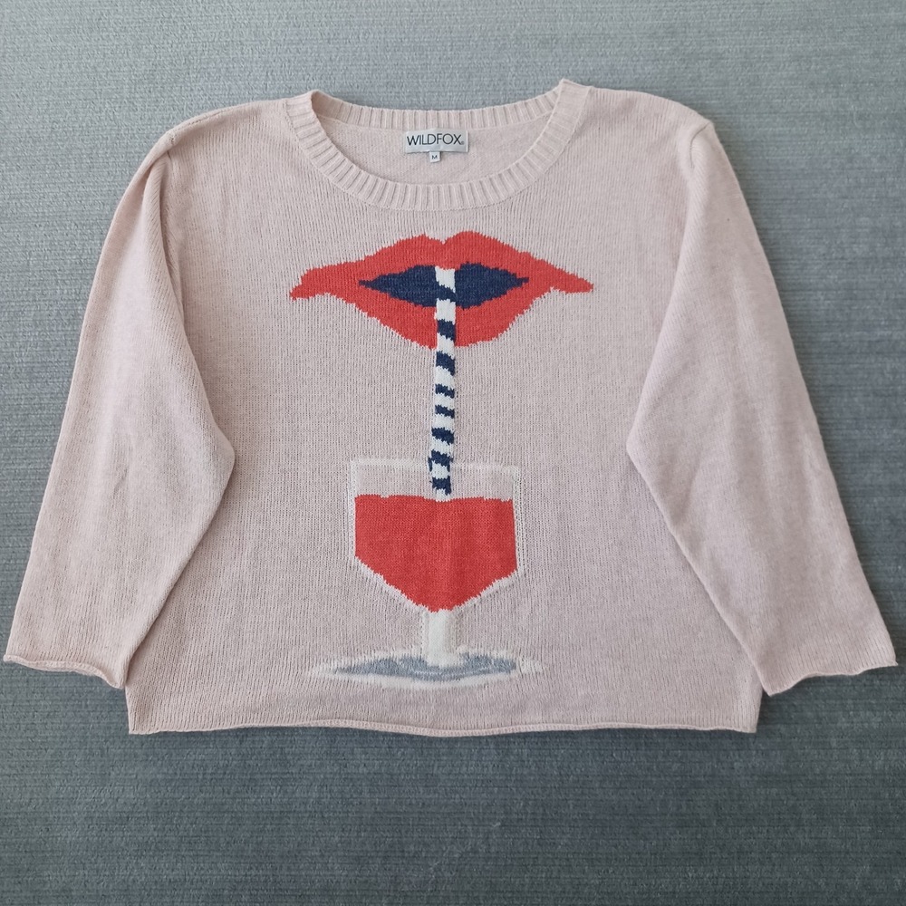 Wildfox Couture "Suck It Up Vineyard" Sweater Women M Pink Casual Wineglass